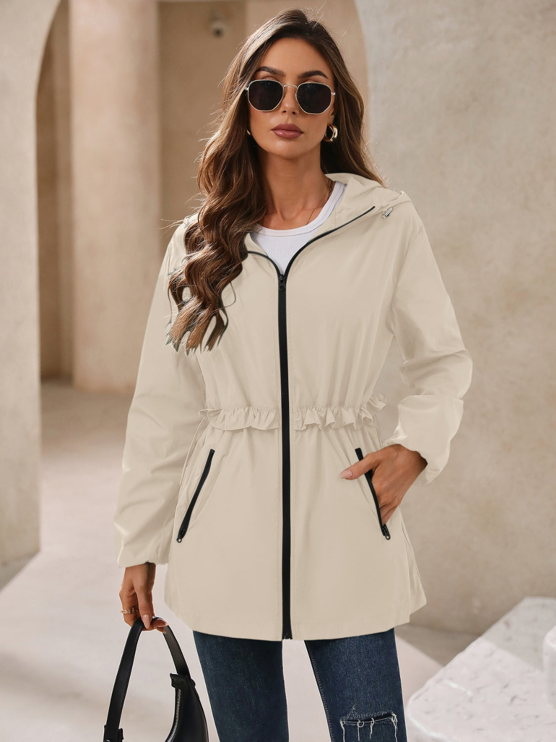 Women's Waterproof Hooded Windbreaker Jacket with Waist Detail - Image 8