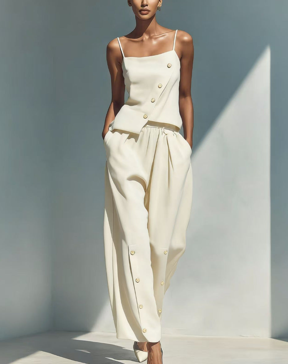 Women's Asymmetrical Button Camisole and Wide Leg Pant Set - Image 9