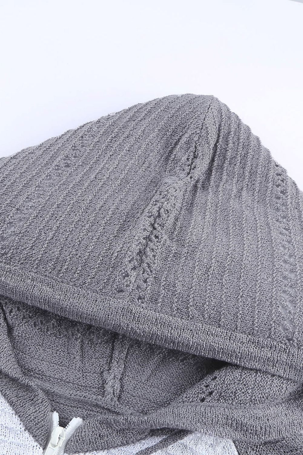 Multicolor Zipped Front Colorblock Hollow-out Knit Hoodie