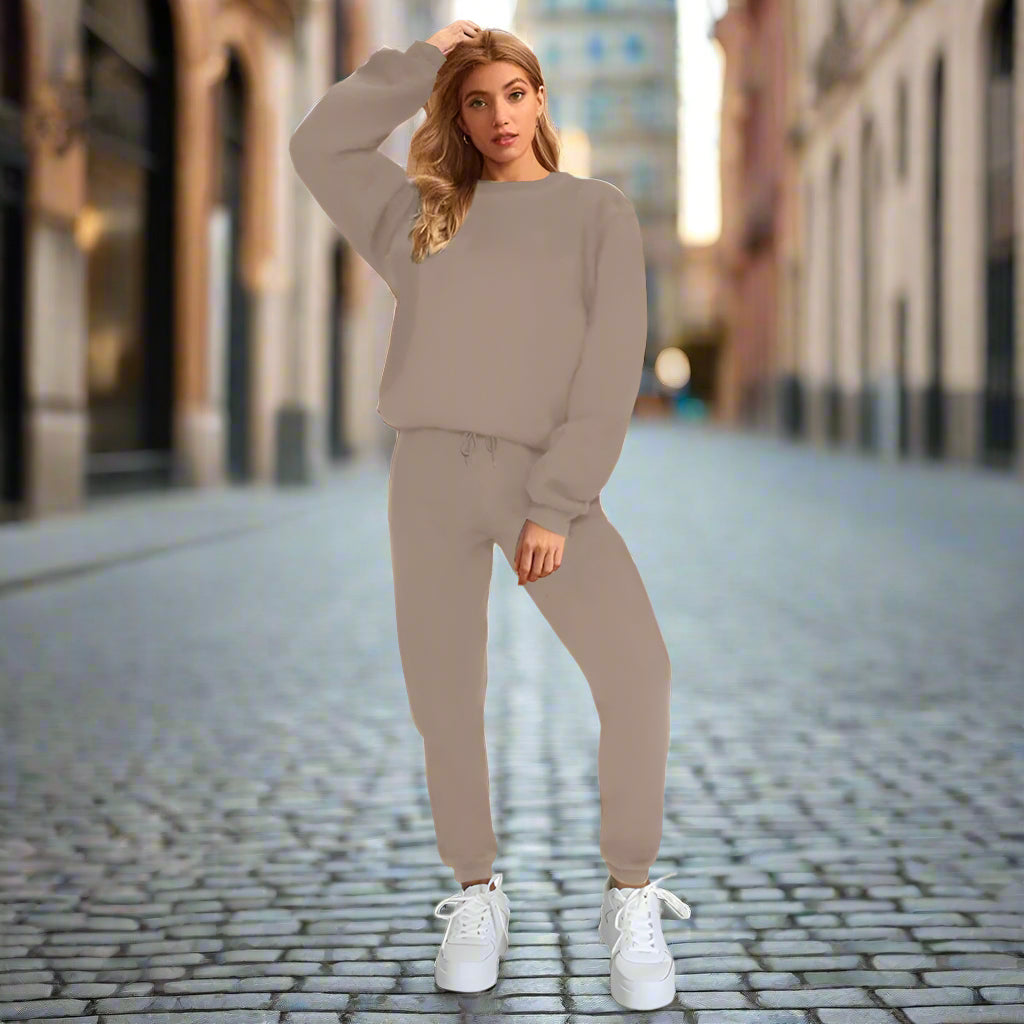 Women's Solid Color Round Neck Pullover Sweatshirt & Jogger Set - Image 10