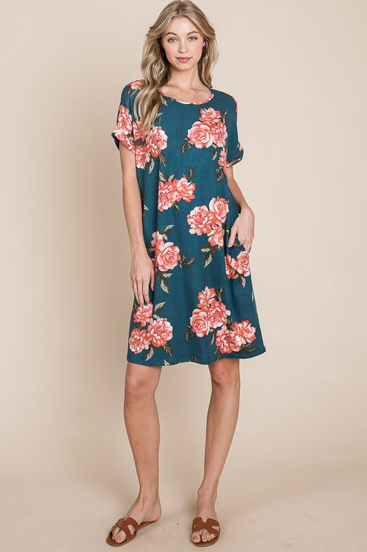 Floral Round Neck Short Sleeve Tee Dress with Pockets