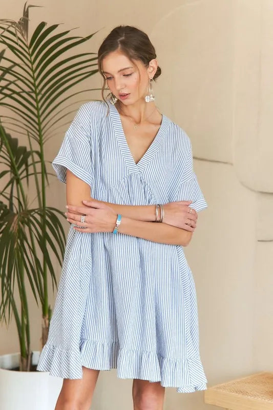 Striped V-Neck Babydoll Dress with Ruffled Hem