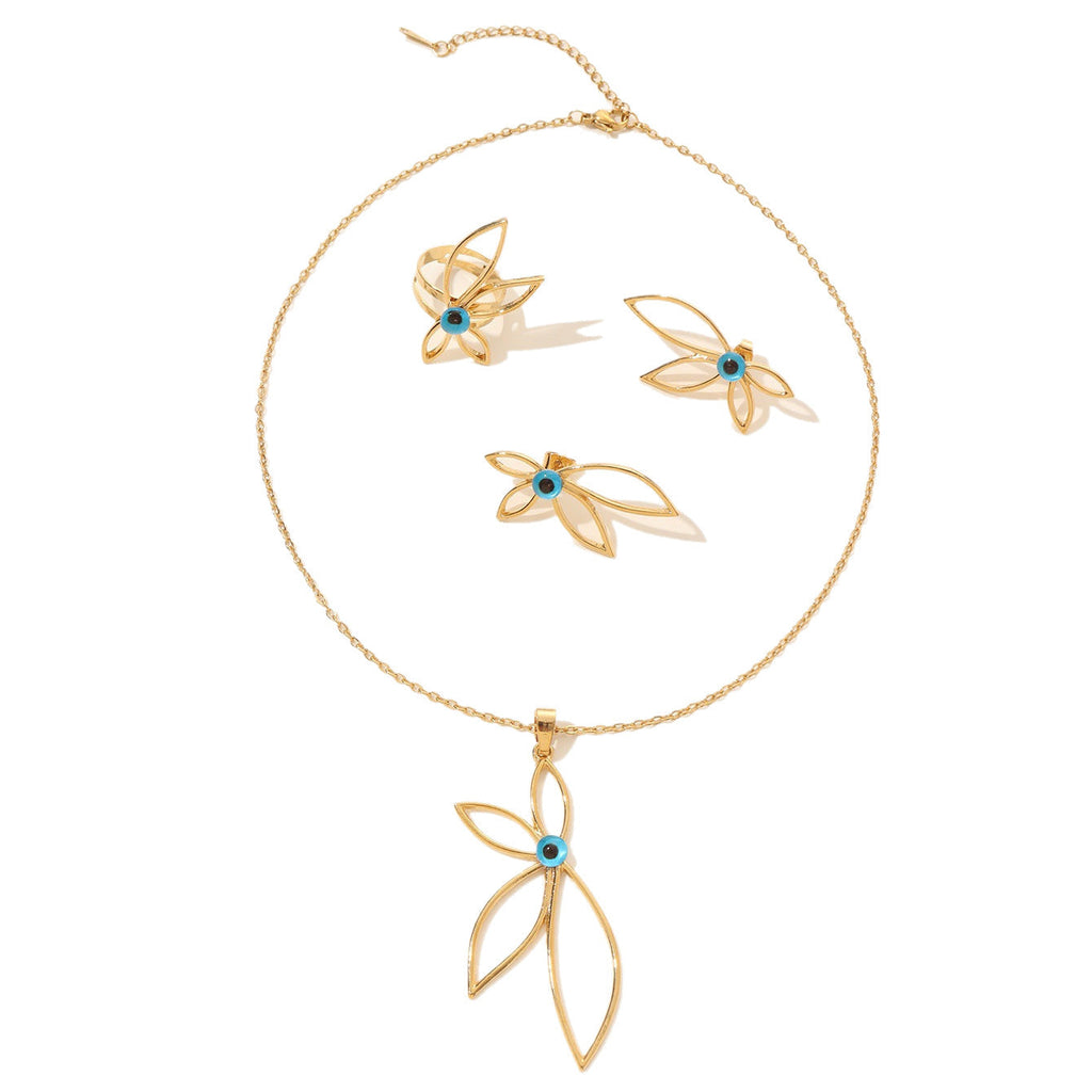 Petal Evil Eye Jewelry Set with Gold-Tone Finish and Blue Accents