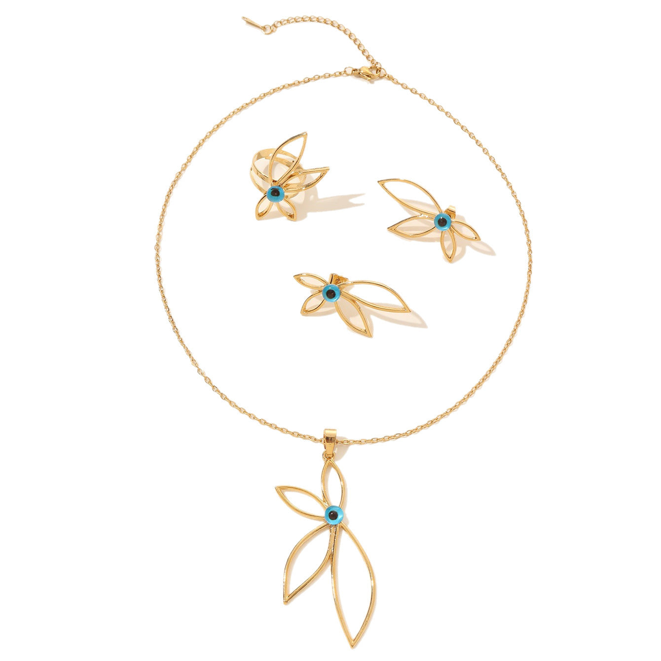 Petal Evil Eye Jewelry Set with Gold-Tone Finish and Blue Accents