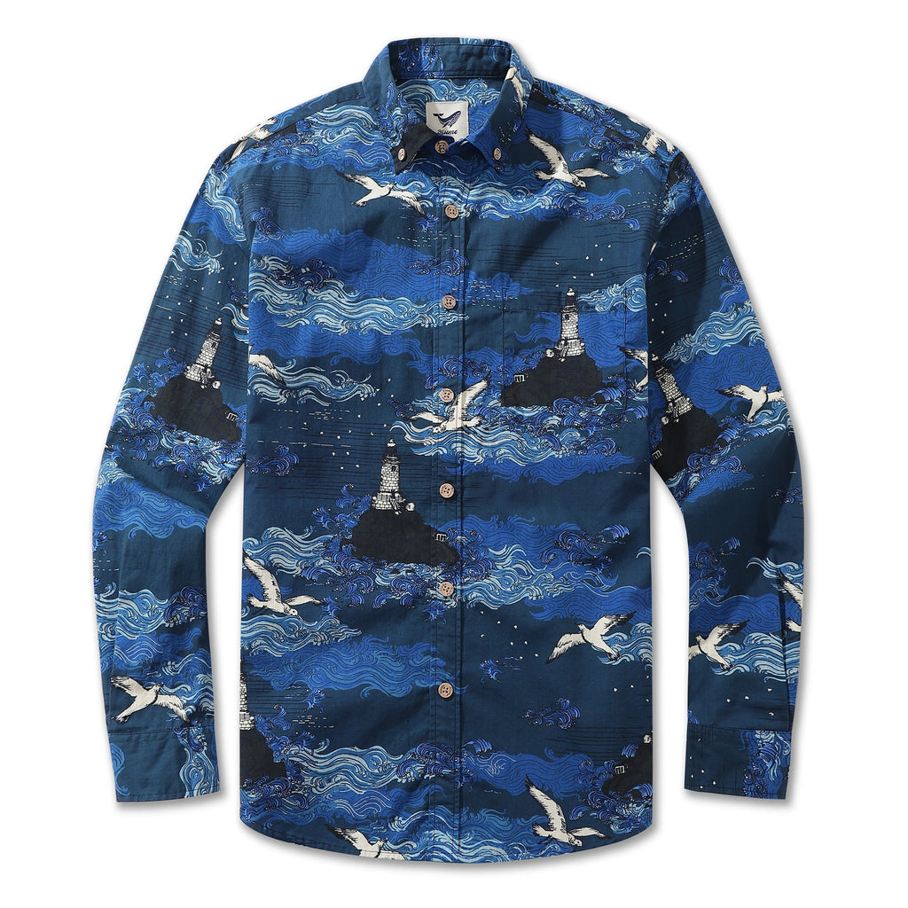 Men's long sleeve button-down Hawaiian shirt with lighthouse and coastal print