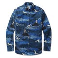 Men's long sleeve button-down Hawaiian shirt with lighthouse and coastal print