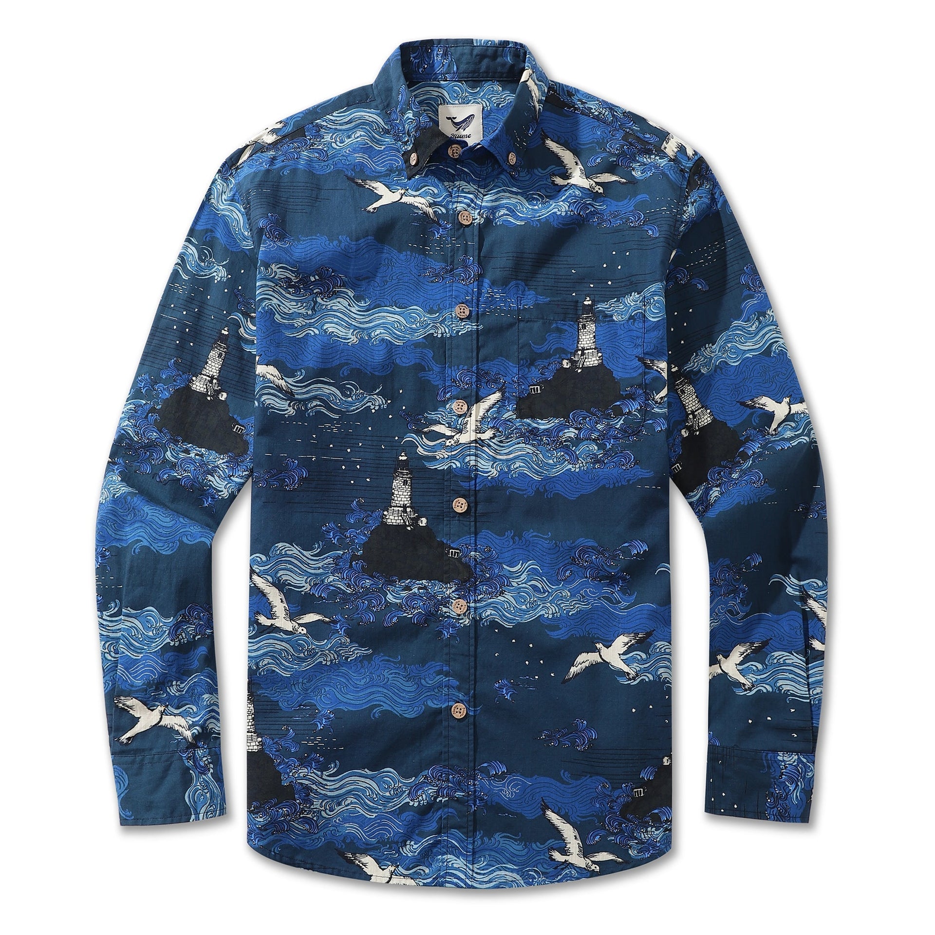 Men's long sleeve button-down Hawaiian shirt with lighthouse and coastal print