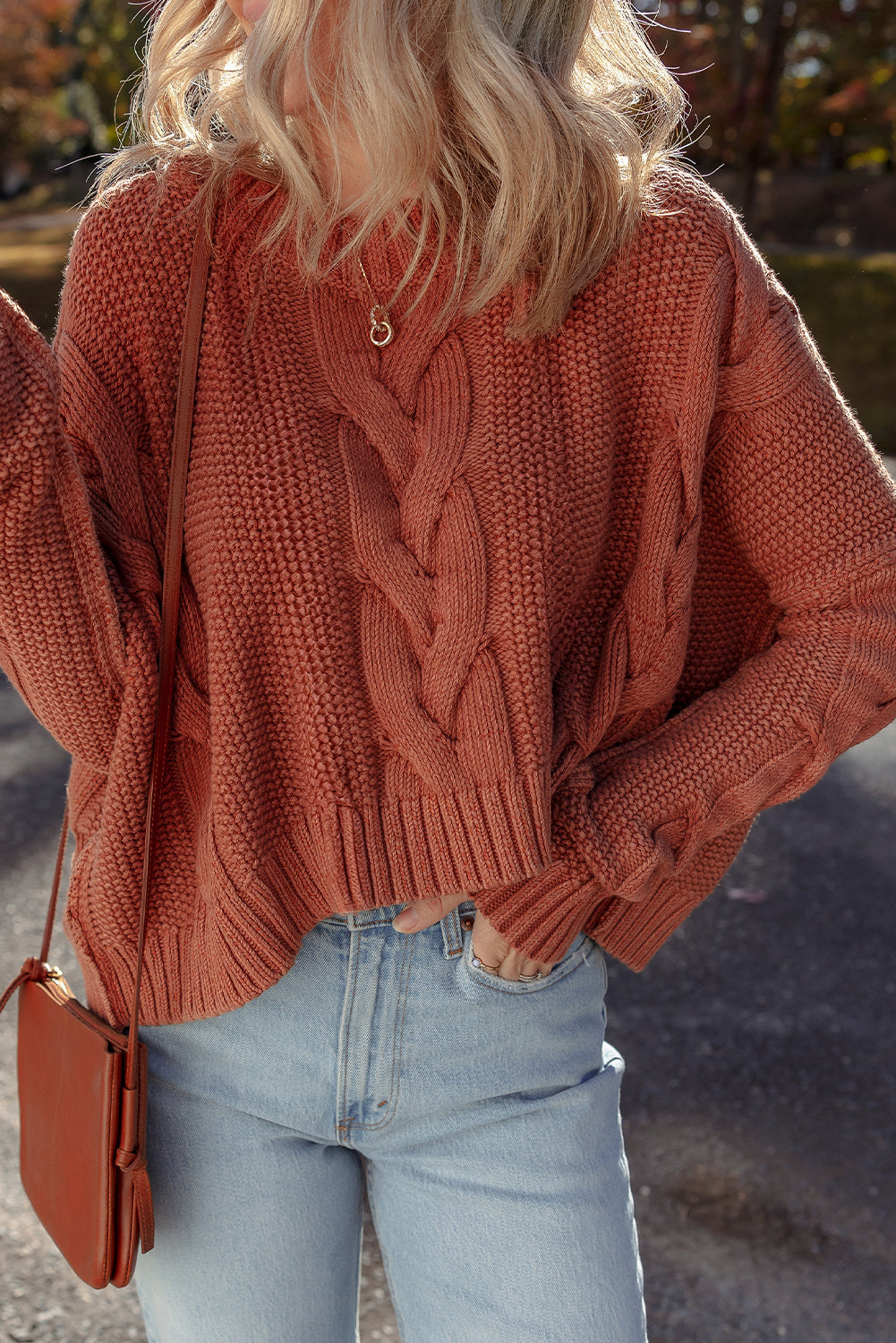 Willaira Slouchy Cable Knit Sweater in Burnt Orange - Image 3