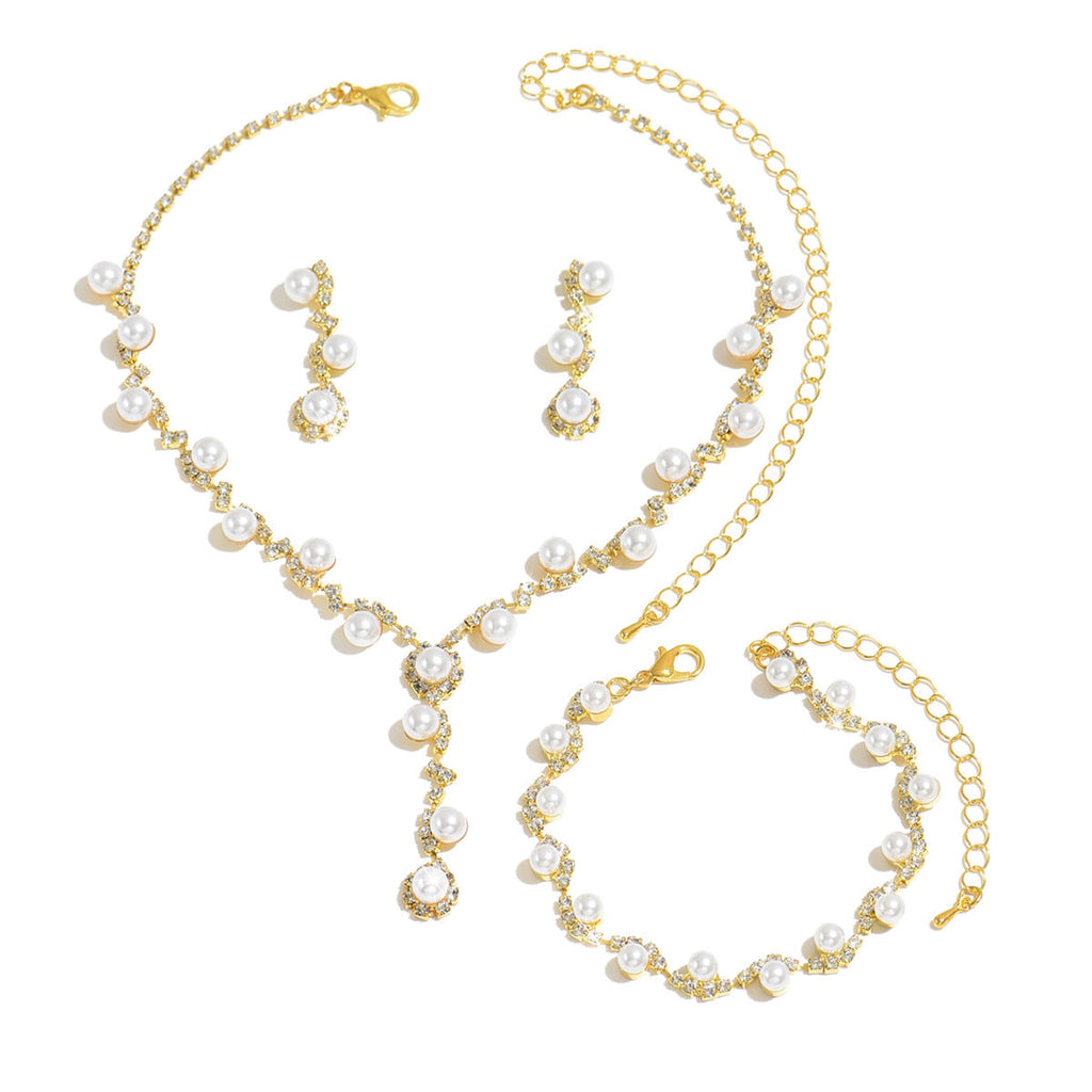 Women 3 Pcs Rhinestone Pearl Jewelry Set,Choker Necklace Dangle Earrings Bracelet,Elegant Costume Accessories For Dinner Party Evening Dress Occasion