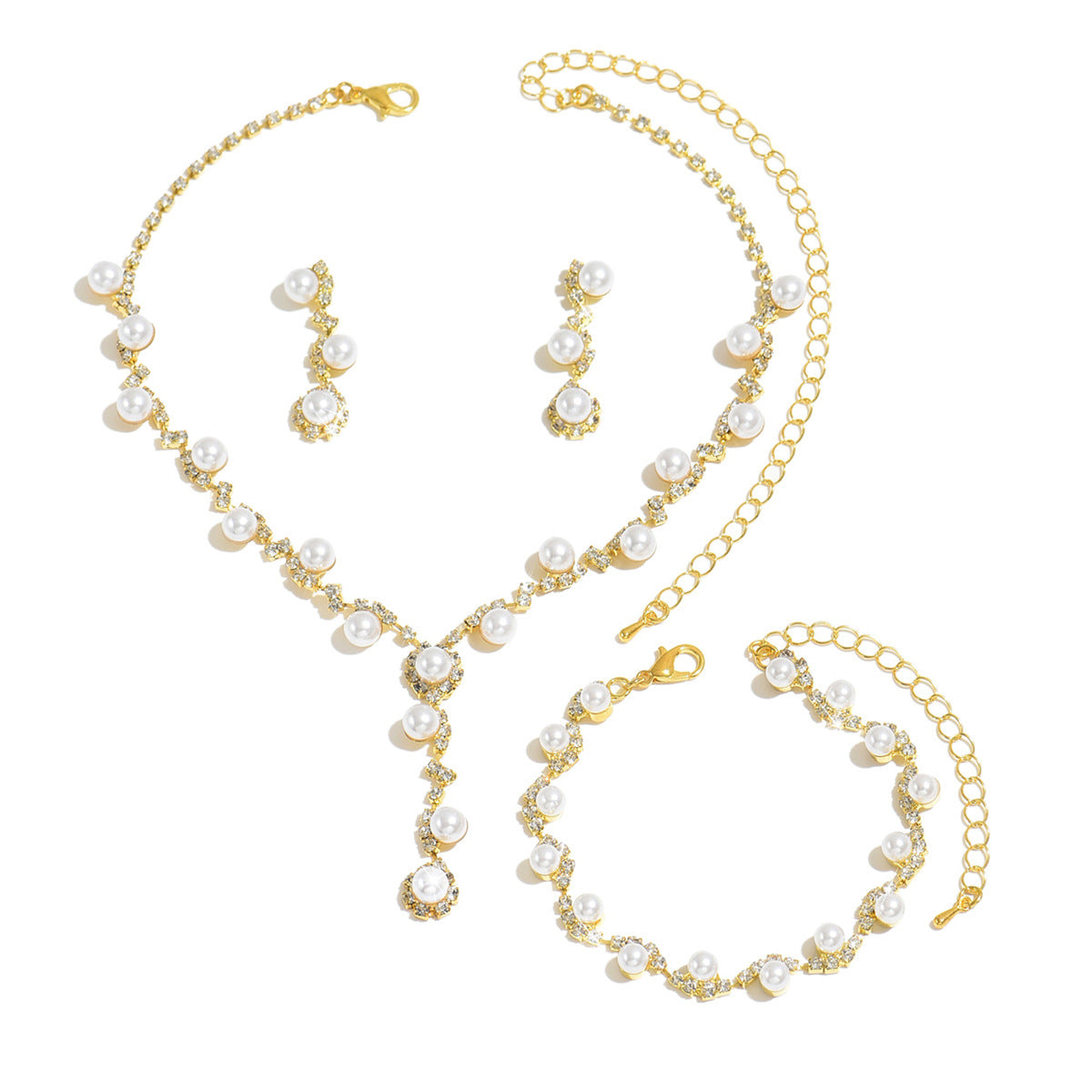 Women 3 Pcs Rhinestone Pearl Jewelry Set,Choker Necklace Dangle Earrings Bracelet,Elegant Costume Accessories For Dinner Party Evening Dress Occasion