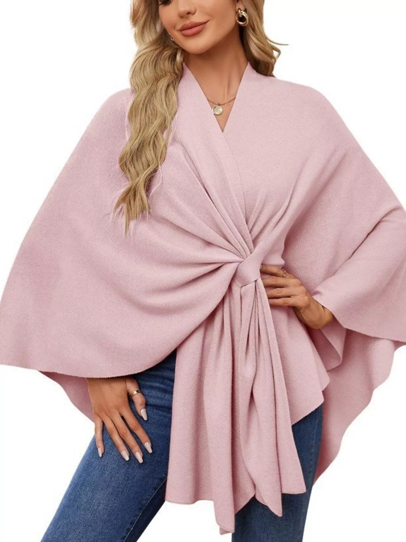 Solid Color Tie-Front Knit Cape Top