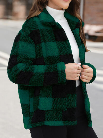 Women's Red Drop Shoulder Fuzzy Button-Up Jacket