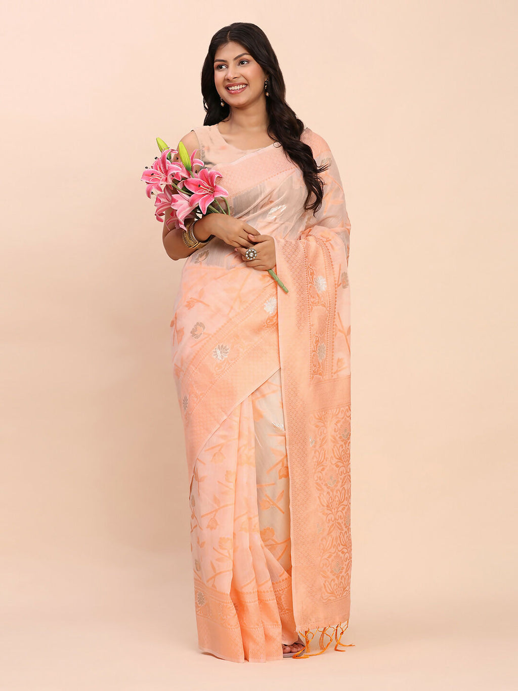Peach Linen Cotton Saree with Matching Blouse
