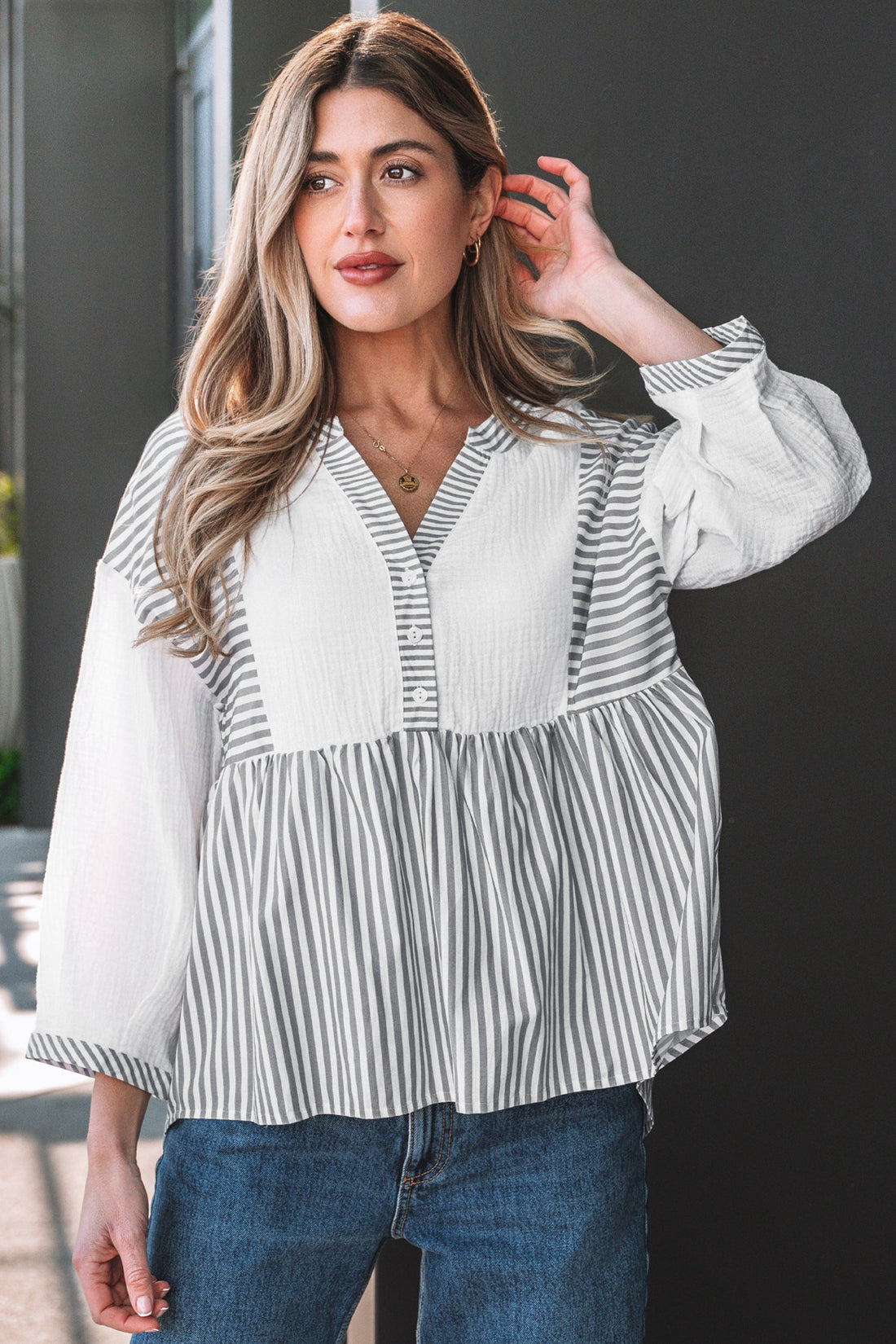Zahra Striped Cotton Babydoll Blouse with Bracelet Sleeves