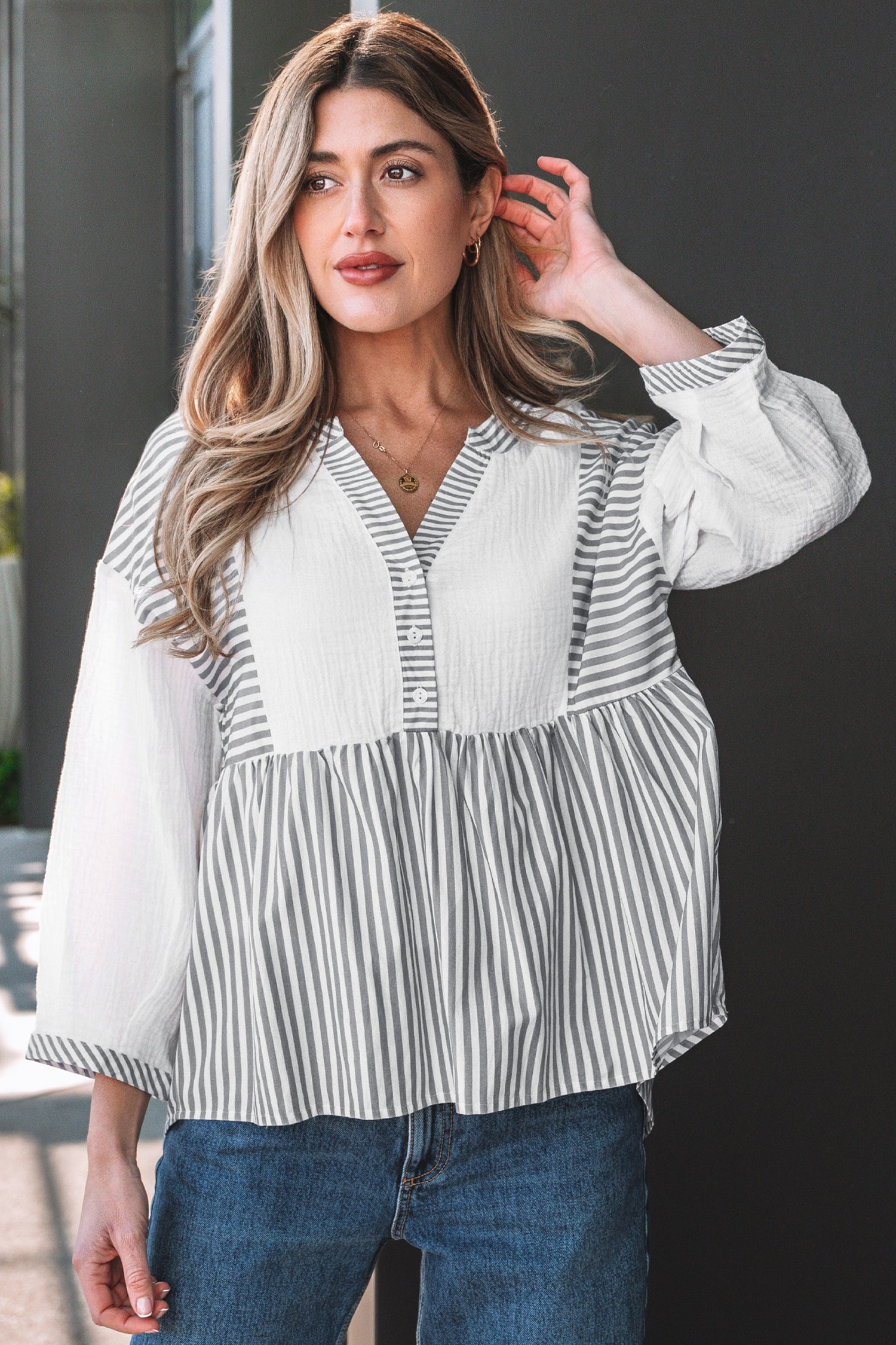 Zahra Striped Cotton Babydoll Blouse with Bracelet Sleeves