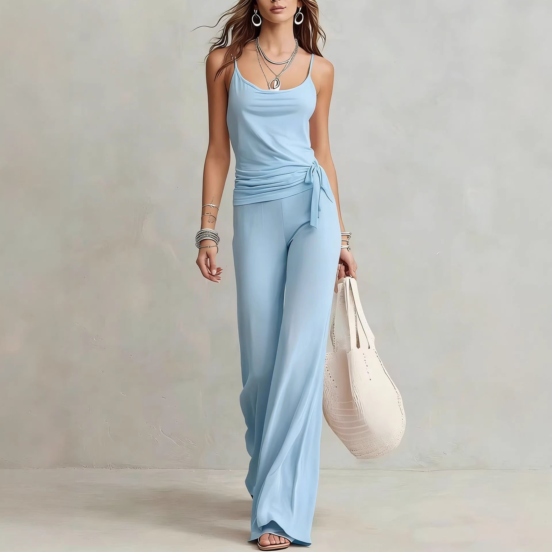 Women's Solid Color Sleeveless Top and Wide Leg Pants Set - Image 3