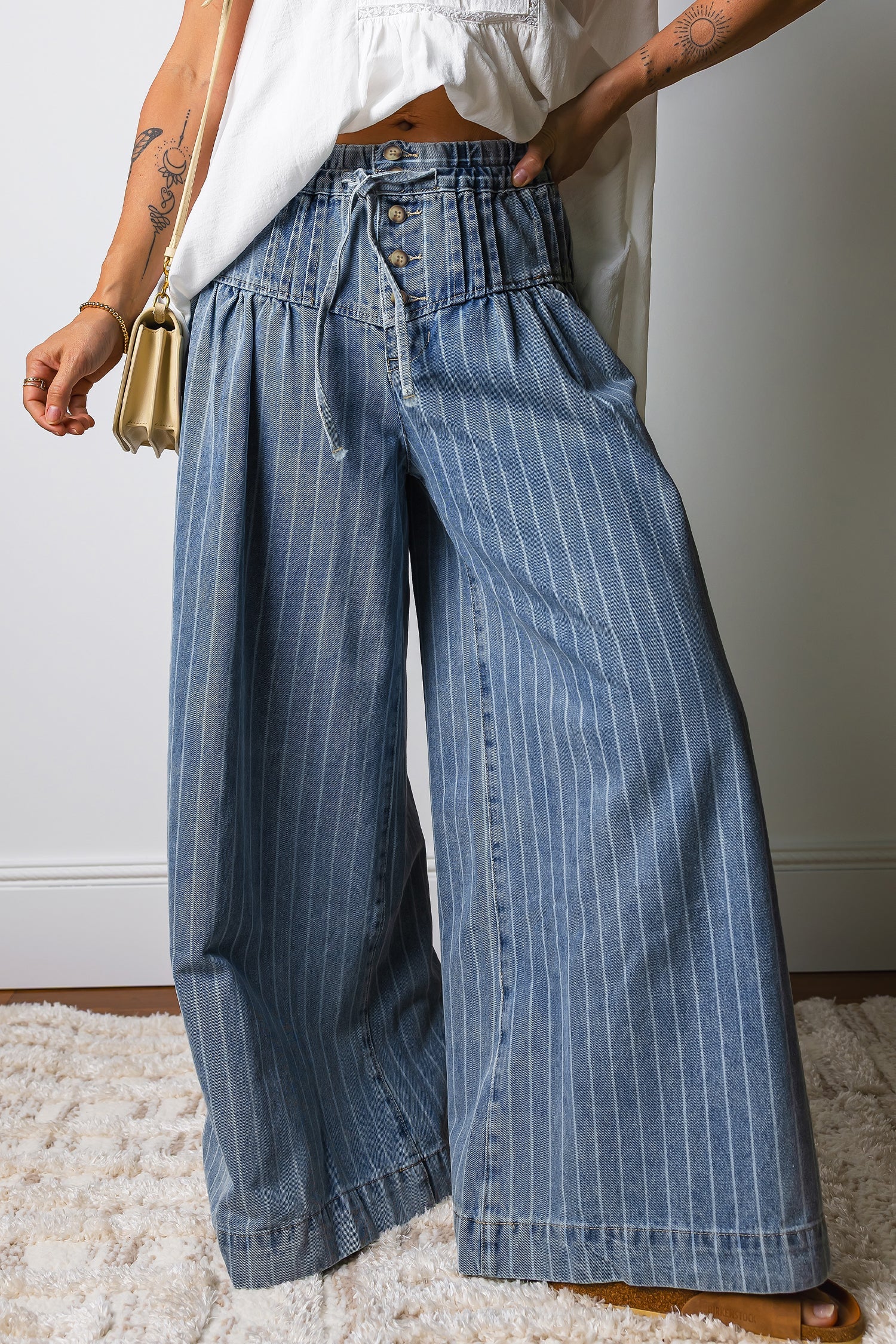 Sky Blue Stripe Button Pleated Drawstring Waist Casual Wide Leg Jeans