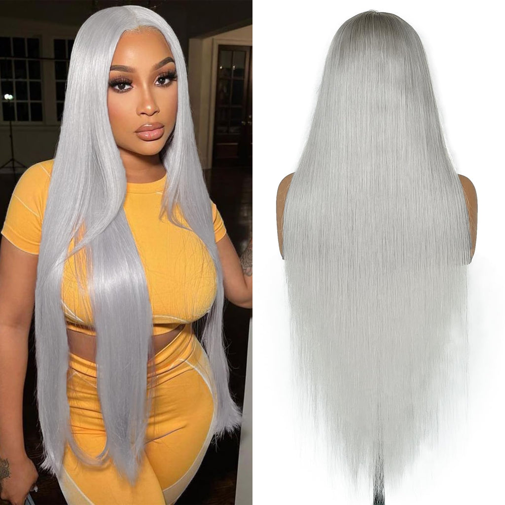 FINMOO 30 Inch Silver Grey Lace Front Wigs Human Hair Pre Plucked Straight Grey Human Hair 13x4 HD Transparent Lace Frontal Wig Glueless Silver Lace Front Wigs for Black&White Women 180 Density