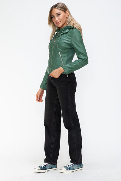 Women's Faux Leather Zip-Up Hooded Jacket Casual Urban Streetwear