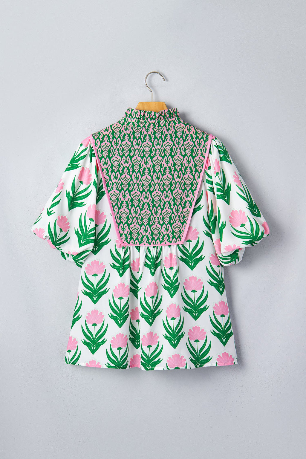 Floral V-Neck Blouse with Contrast Border and Relaxed Shift Fit