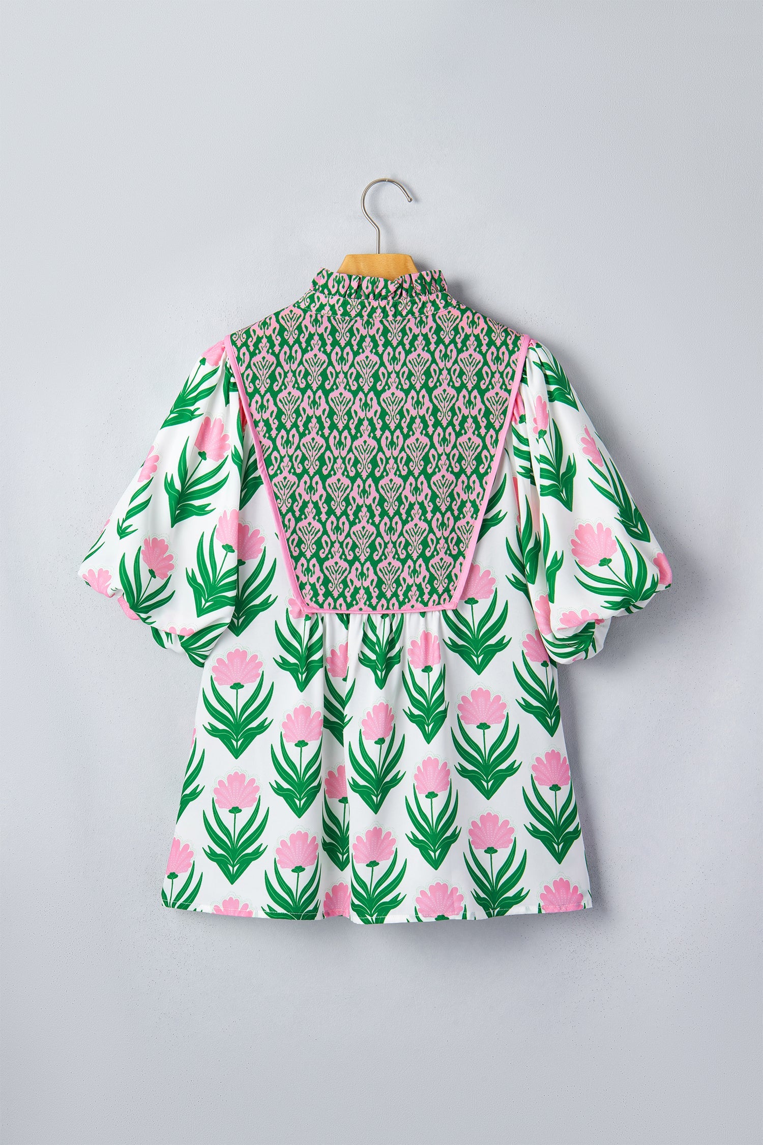 Floral V-Neck Blouse with Contrast Border and Relaxed Shift Fit