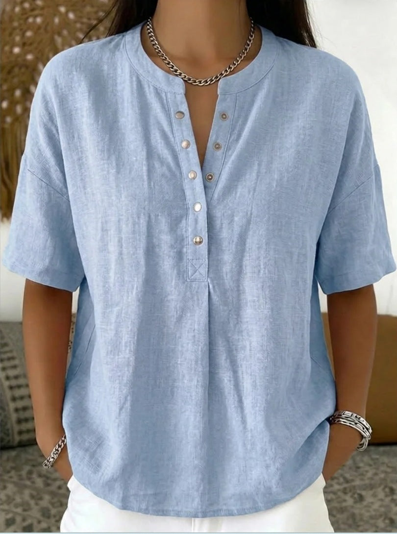 Women's Loose-Fit Short-Sleeve Henley Pullover Top - Image 10