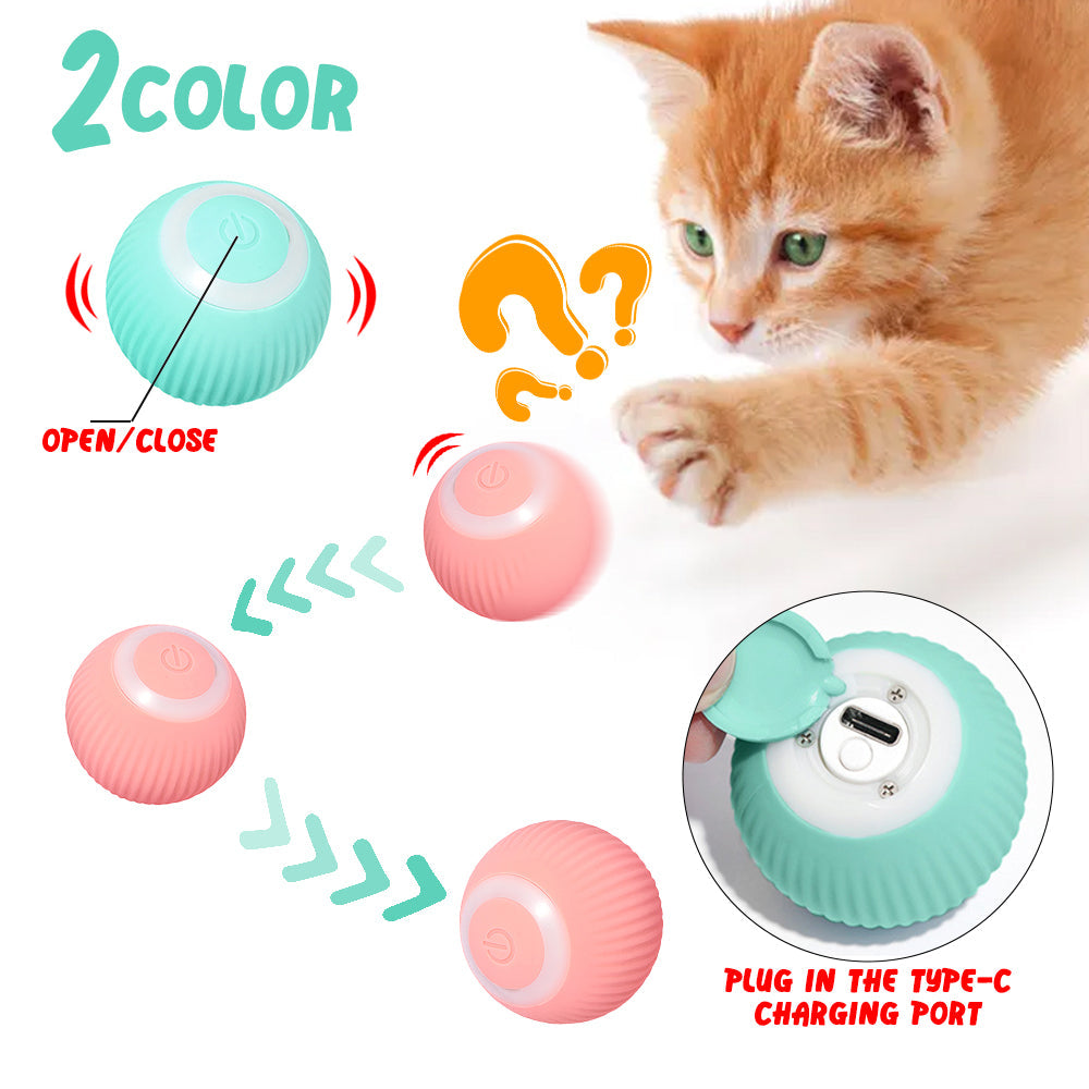 Intelligent automatic rolling ball cat toy moving on a floor to stimulate feline hunting instincts