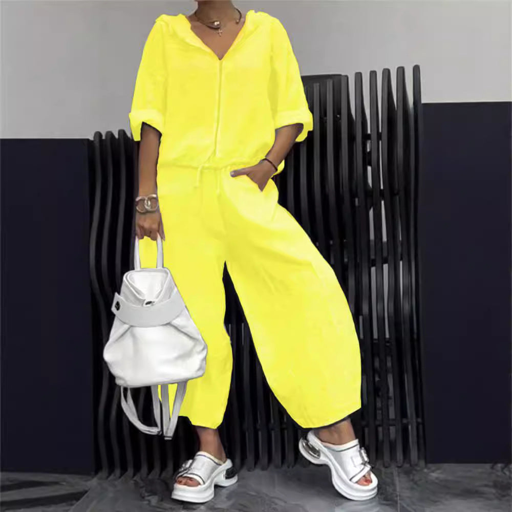 Women’s Cotton Linen Hooded Long Sleeve Top and Pants Set - Image 4