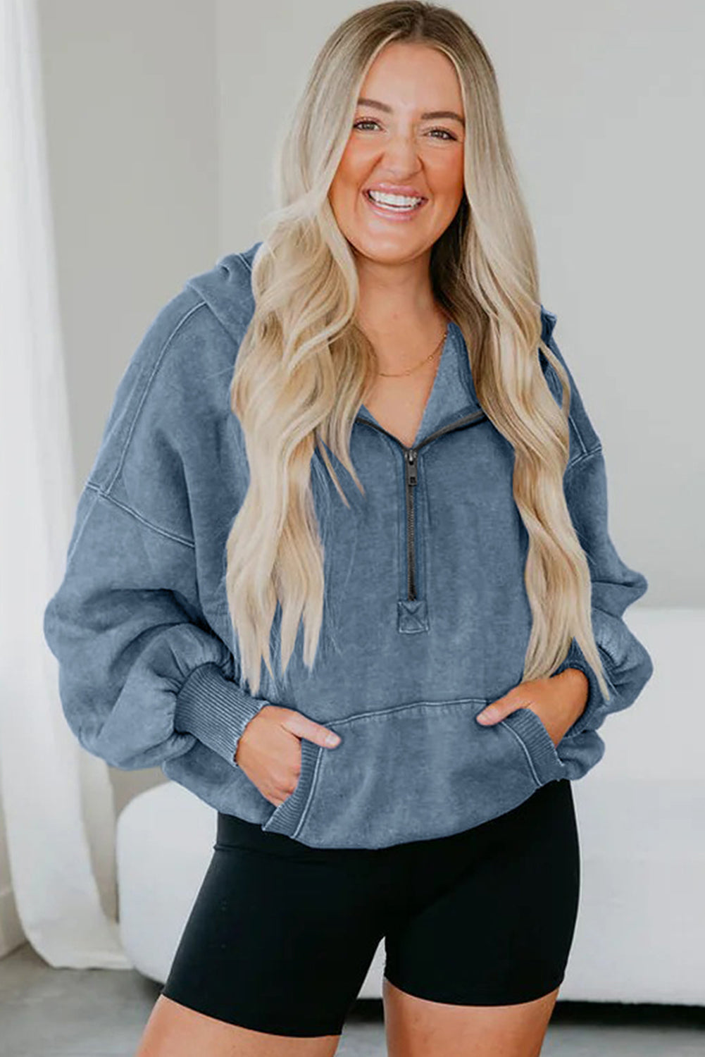 Black Half Zip Kangaroo Pocket Mineral Wash Baggy Hoodie