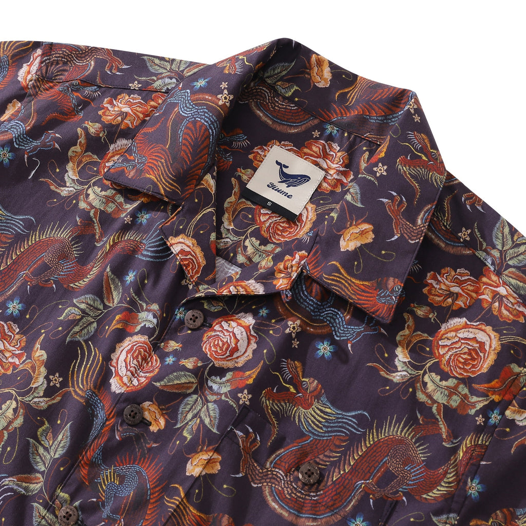 Men's Embroidered Style Dragon Hawaiian Camp Collar Shirt