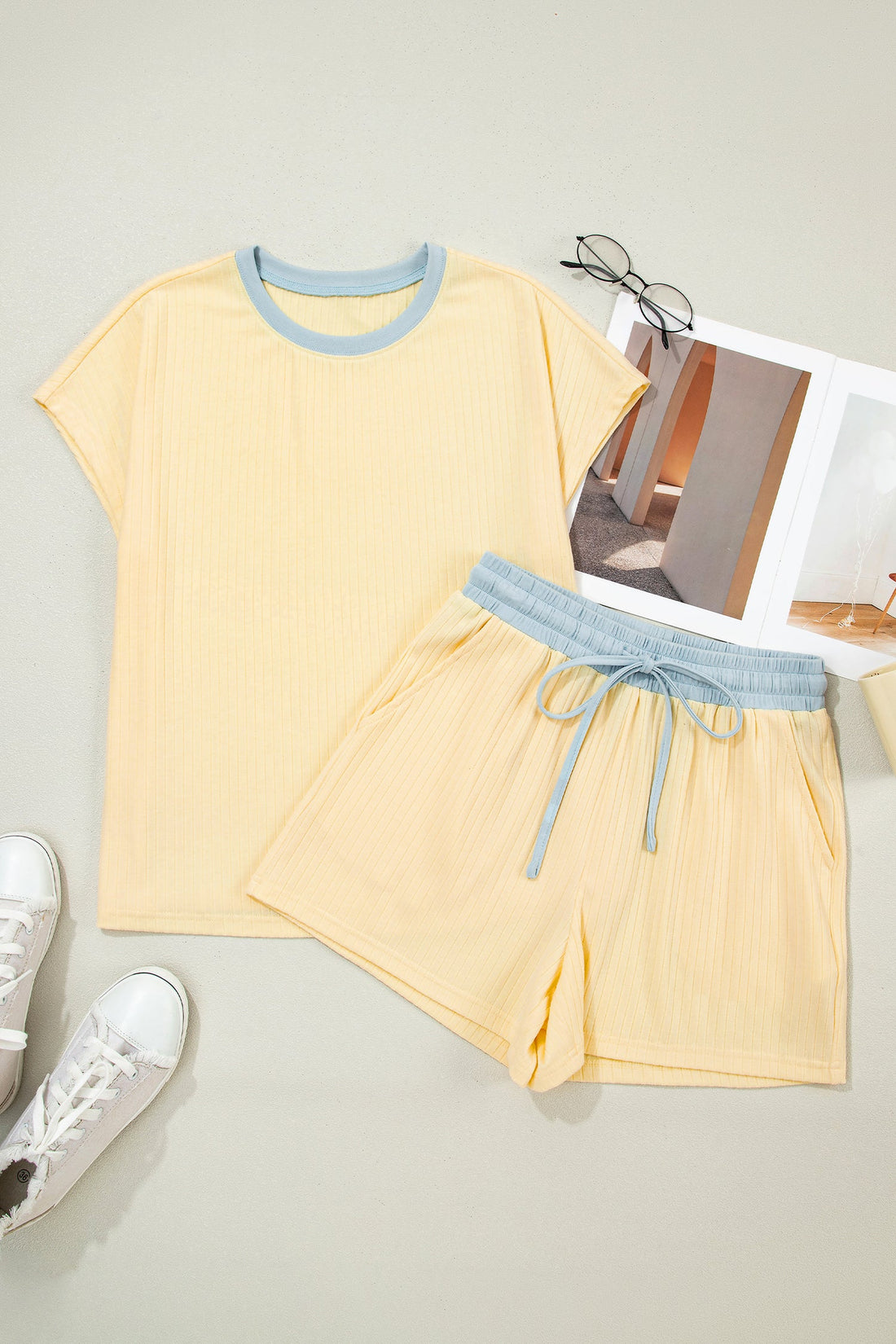 Colorblock Trim Ribbed Top & Shorts Set