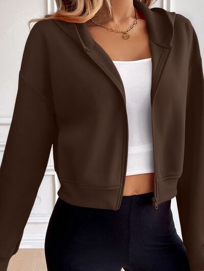 Minimalist Knit Zip-Up Hooded Jacket with Dropped Shoulders