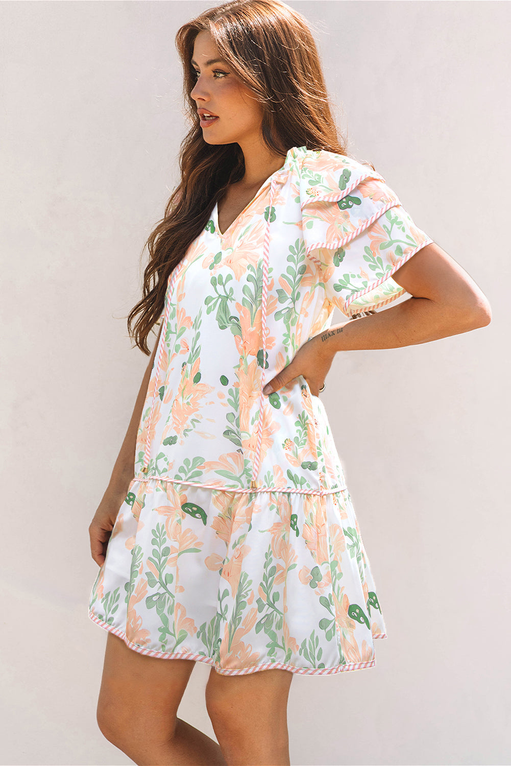 Orange Floral Satin Mini Dress | V-Neck Layered Short Sleeve