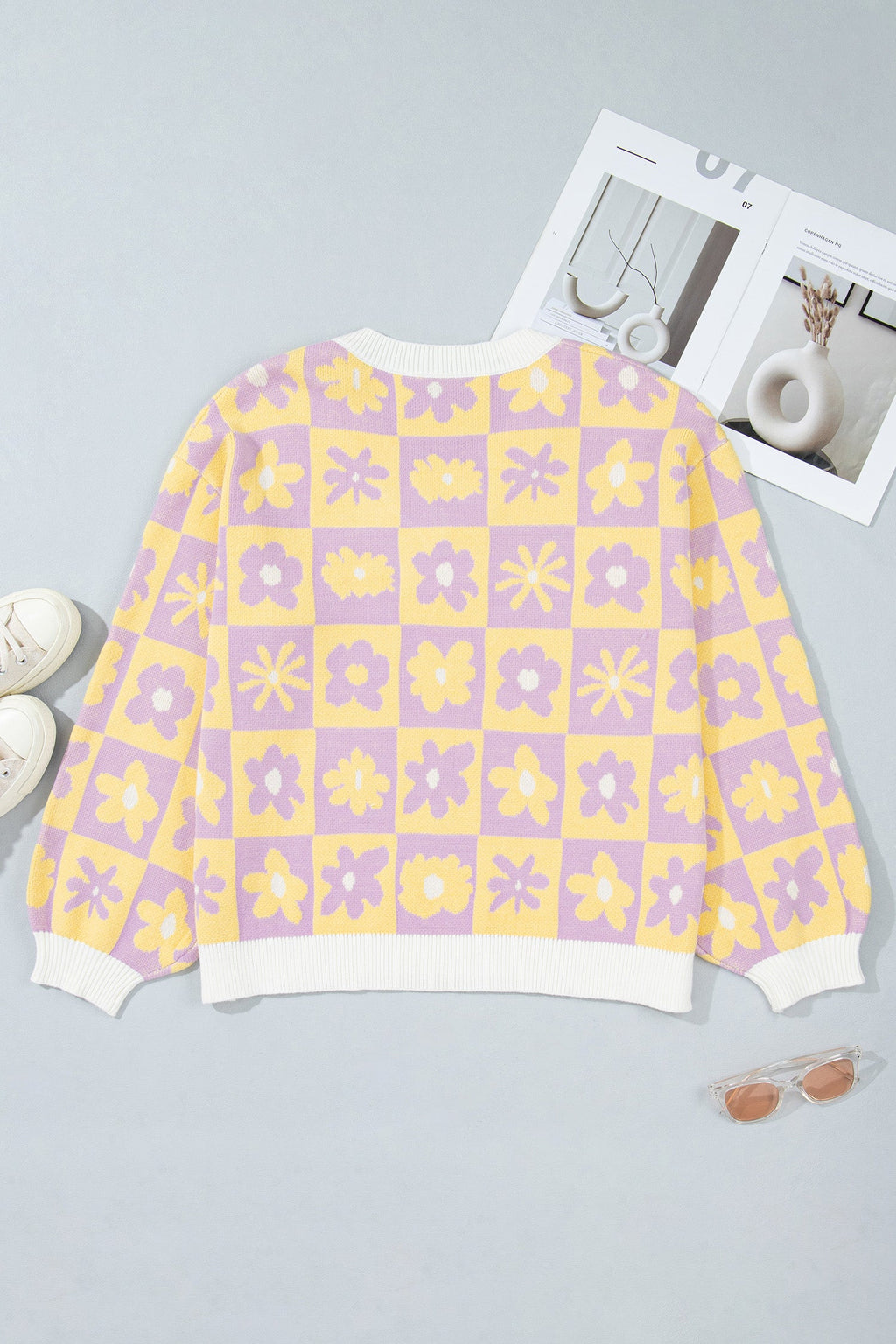 Plus Size Floral Checker V-Neck Long Sleeve Sweater