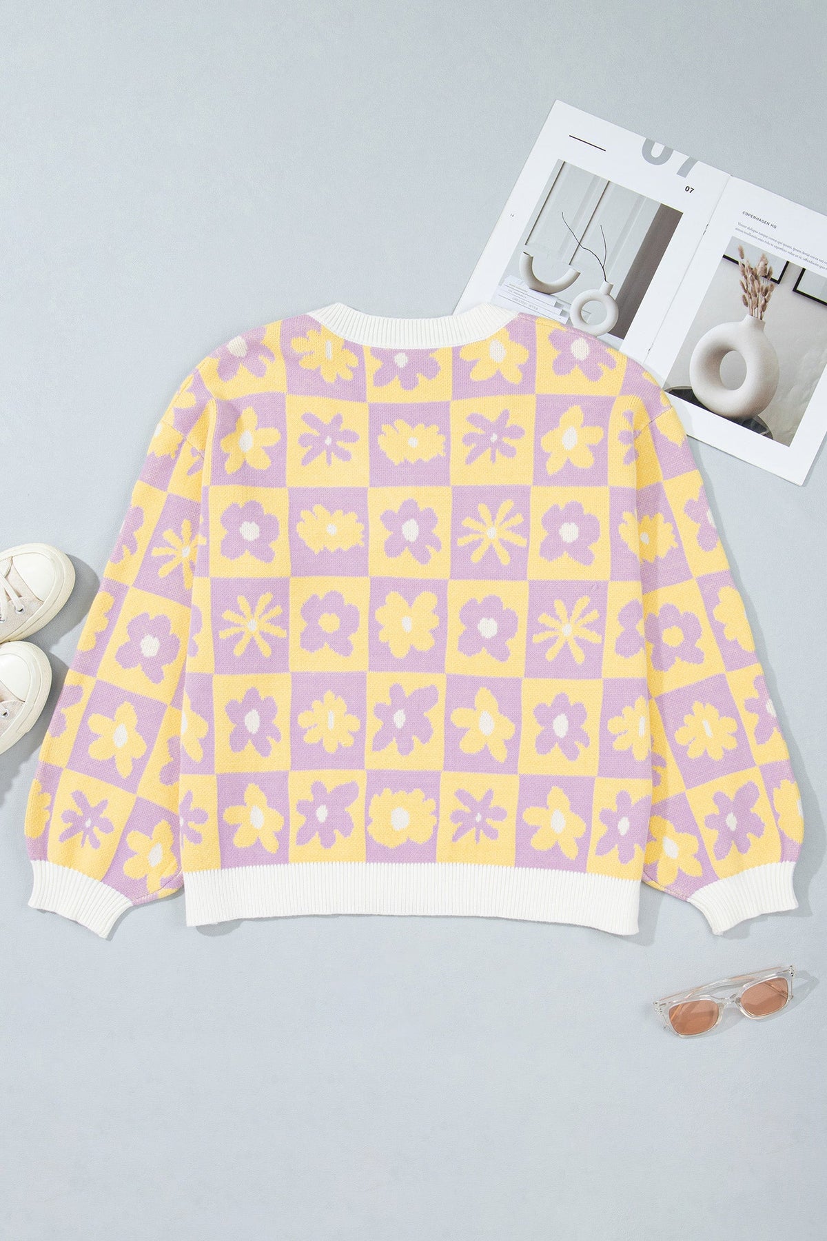 Plus Size Floral Checker V-Neck Long Sleeve Sweater