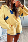 Yellow Colorblock Patchwork Half Button Pullover Shorts Set