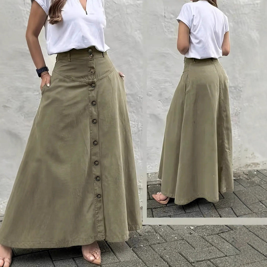 A minimalist women's high-waist A-line maxi skirt in a solid neutral earth tone, featuring a button closure.