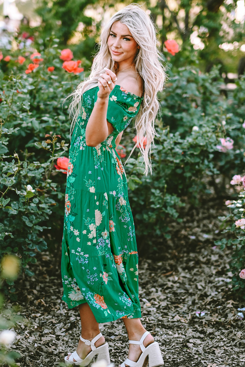 Floral Bubble Sleeve Smock Tiered Midi Dress