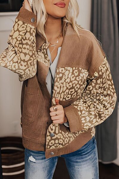 Women's Leopard Print Drop Shoulder Jacket in Brown and Beige