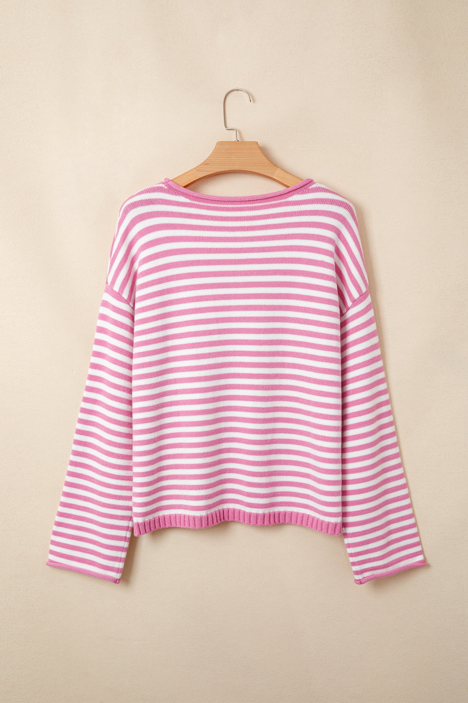 Stripe Button Placket Drop Shoulder Long Sleeve Sweater