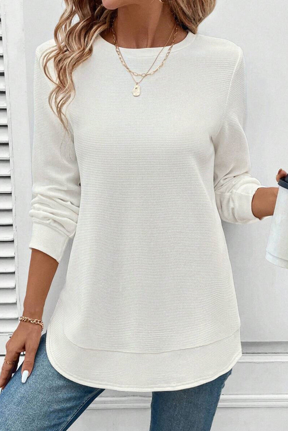 White Waffle Long Sleeve Top | Rounded Hem Classic Tee