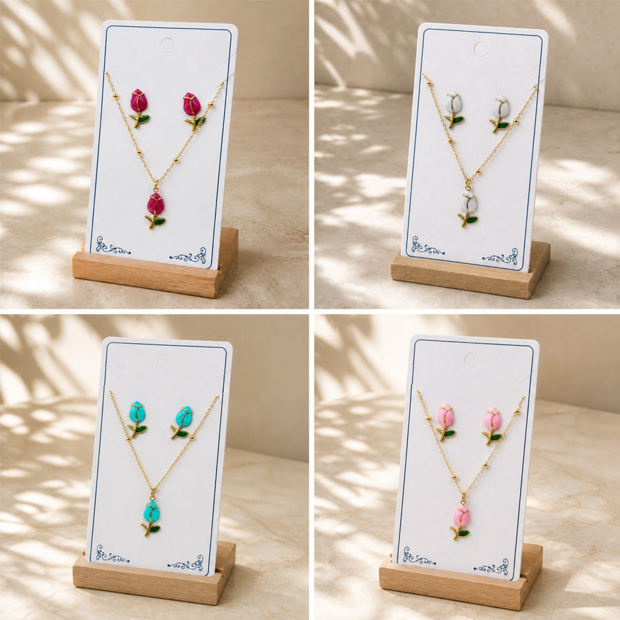 Gold Tone Enamel Tulip Flower Jewelry Set 2Pcs Women Pendant Necklace Stud Earrings Multi Color Floral Bud With Green Leaves Daily Party Dropshipping Gift