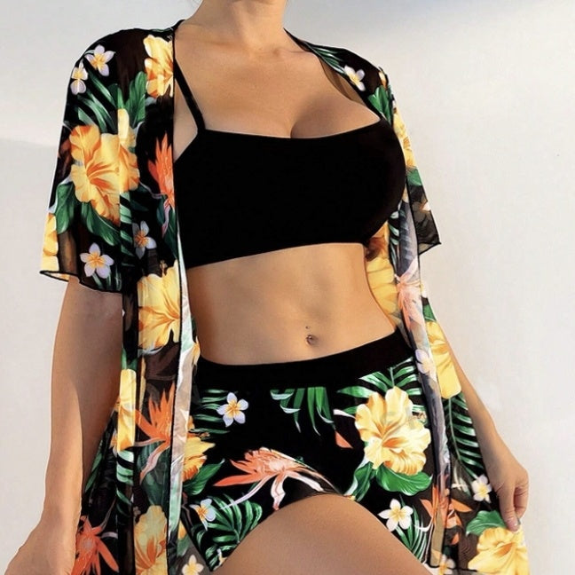 Women’s Floral Print Beach Set Kimono and Shorts Two-Piece Outfit