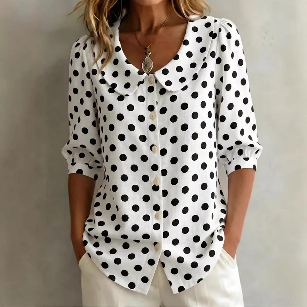 Women's Red Retro Polka Dot Three-Quarter Sleeve Button Down Shirt - Image 4