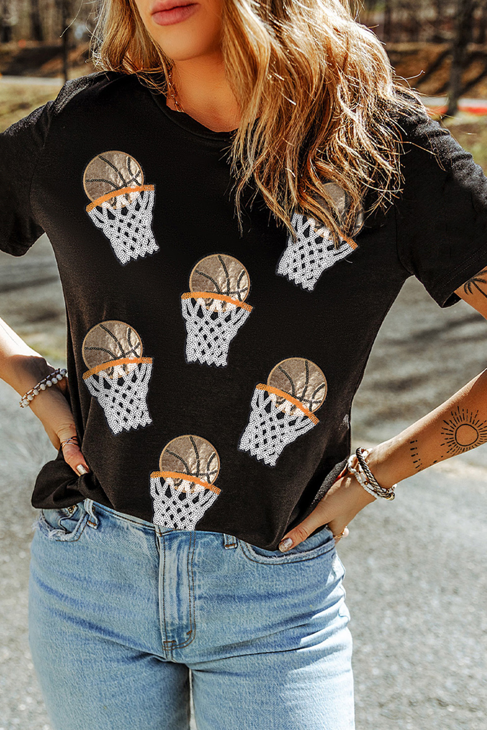 Black Sequin Basketball Graphic Game Day T-Shirt