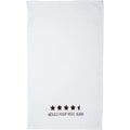 White cotton hand towel with embroidered Would Poop Here Again four and a half star review design