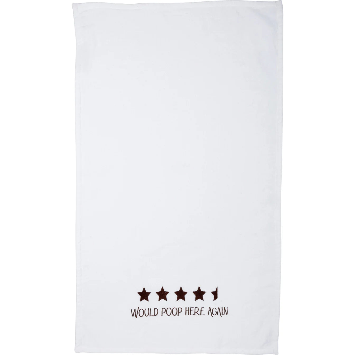 White cotton hand towel with embroidered Would Poop Here Again four and a half star review design