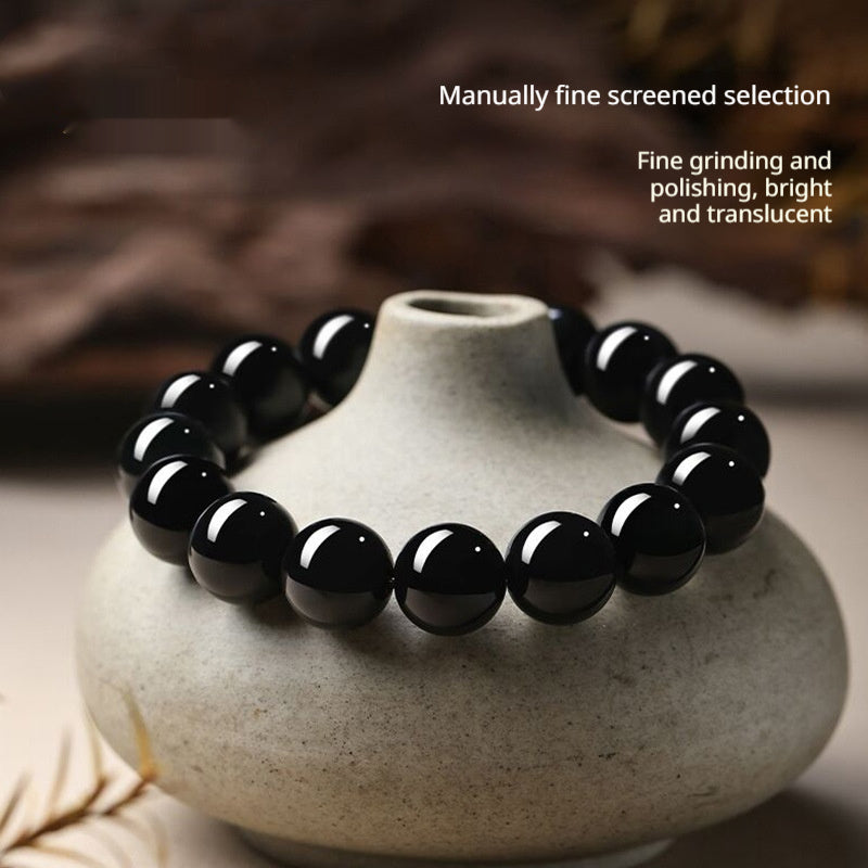 Natural Obsidian Stone Beaded Bracelet Unisex Polished Loop