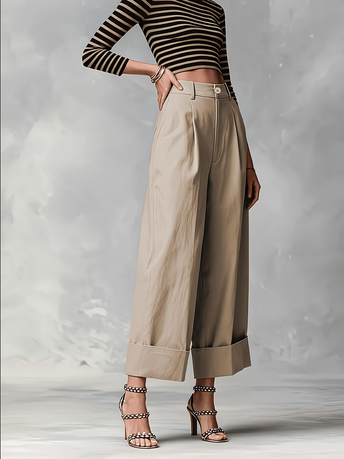 Women's Pleated Cuffed Straight-Leg Pants with Pockets