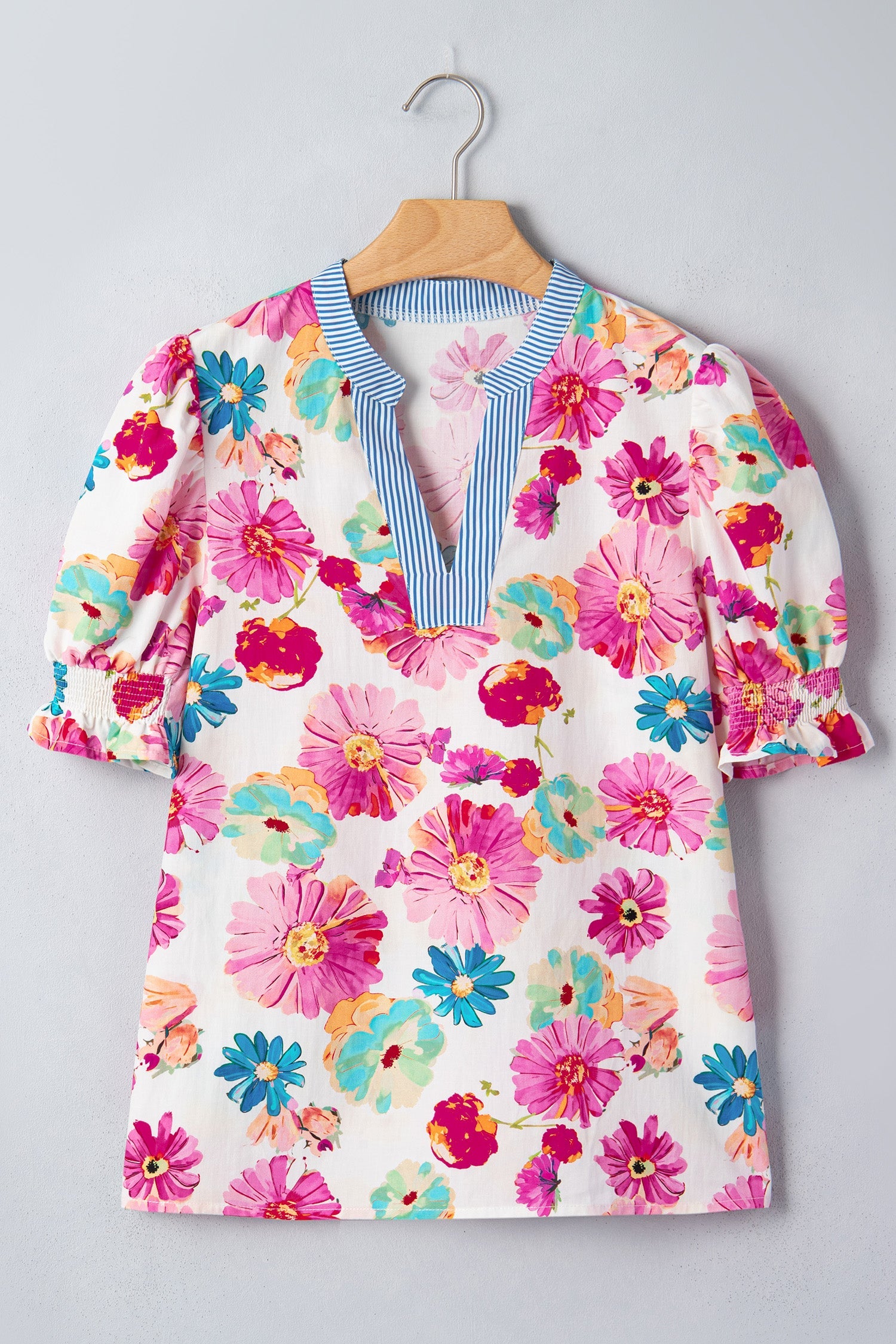 Alma Floral Blouse with Striped Trim and Puff Sleeves